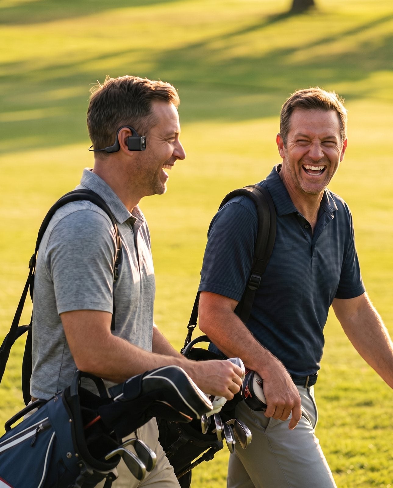 Two golfing mates laughing down the fairway