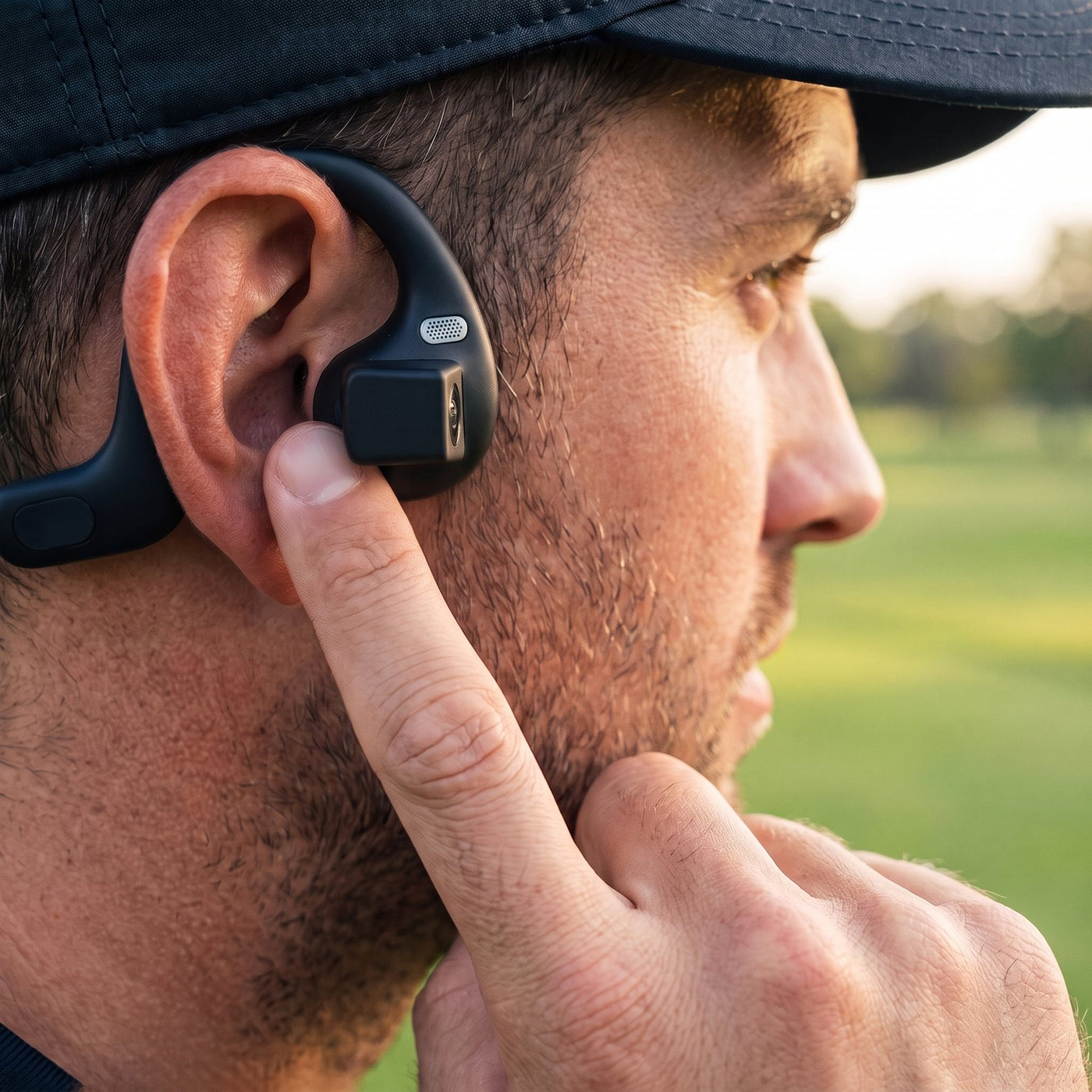 Finger tapping the record button on the ear piece
