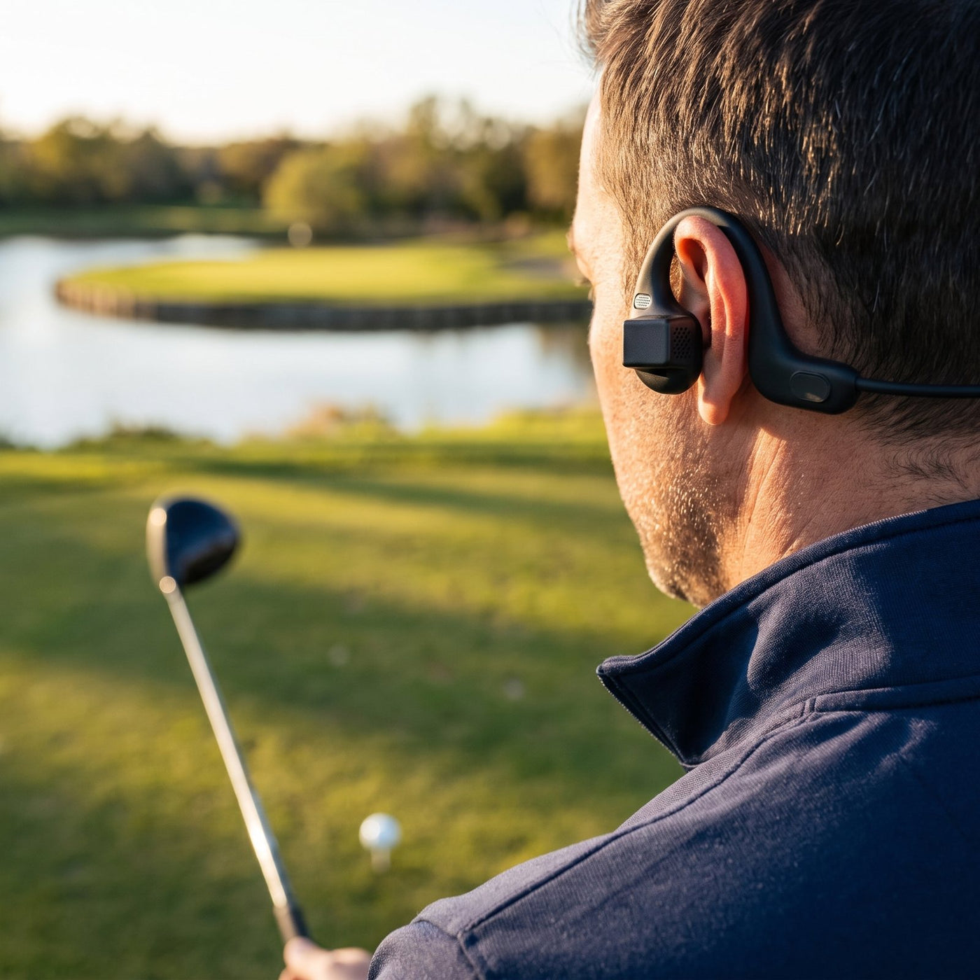 Over-the-shoulder view of a golfer putting at golden hour