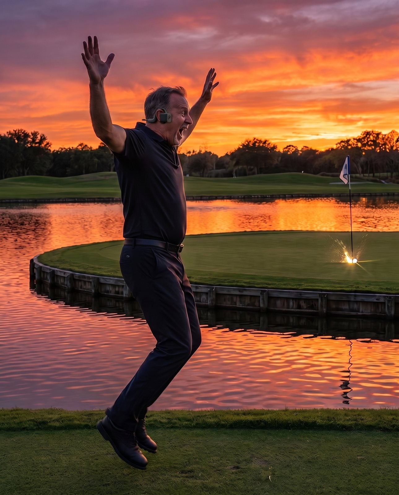 Hole-in-one on an island green at sunset