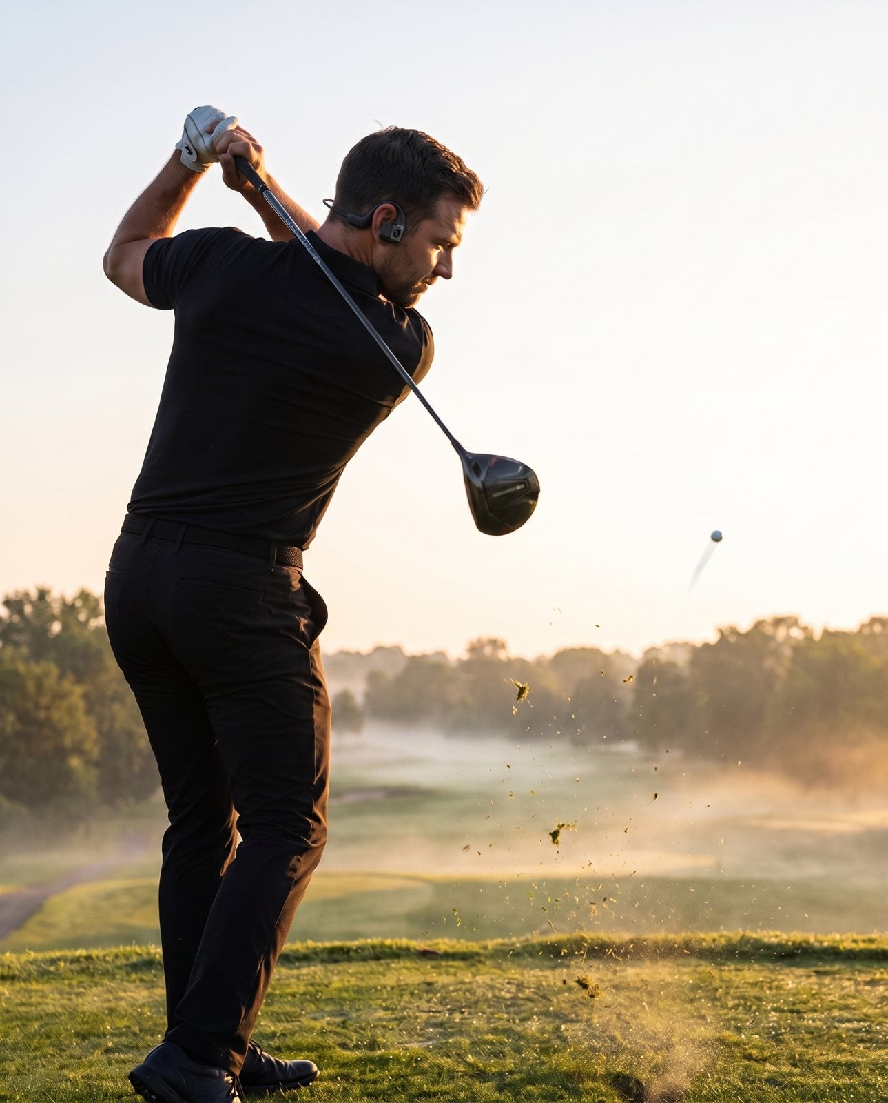Golfer at the top of a driver follow-through at sunrise